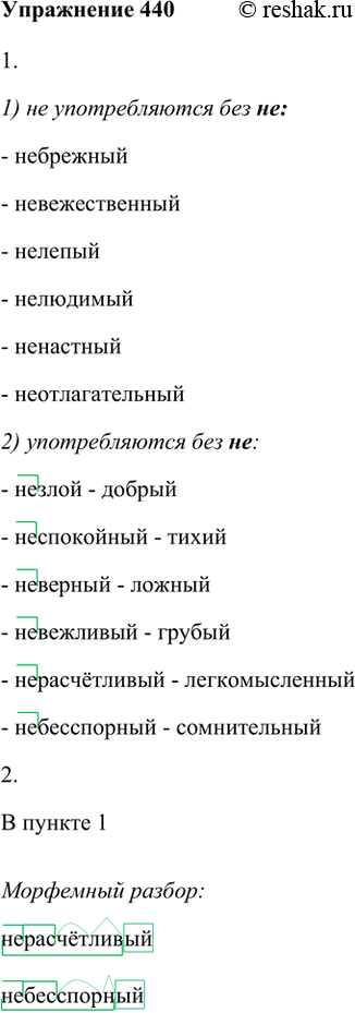 Изображение 440. 1. Распределите прилагательные по двум группам: 1) не употребляются без не; 2) употребляются без не. Запишите, указывая приставки и обозначая орфограмму, как это...